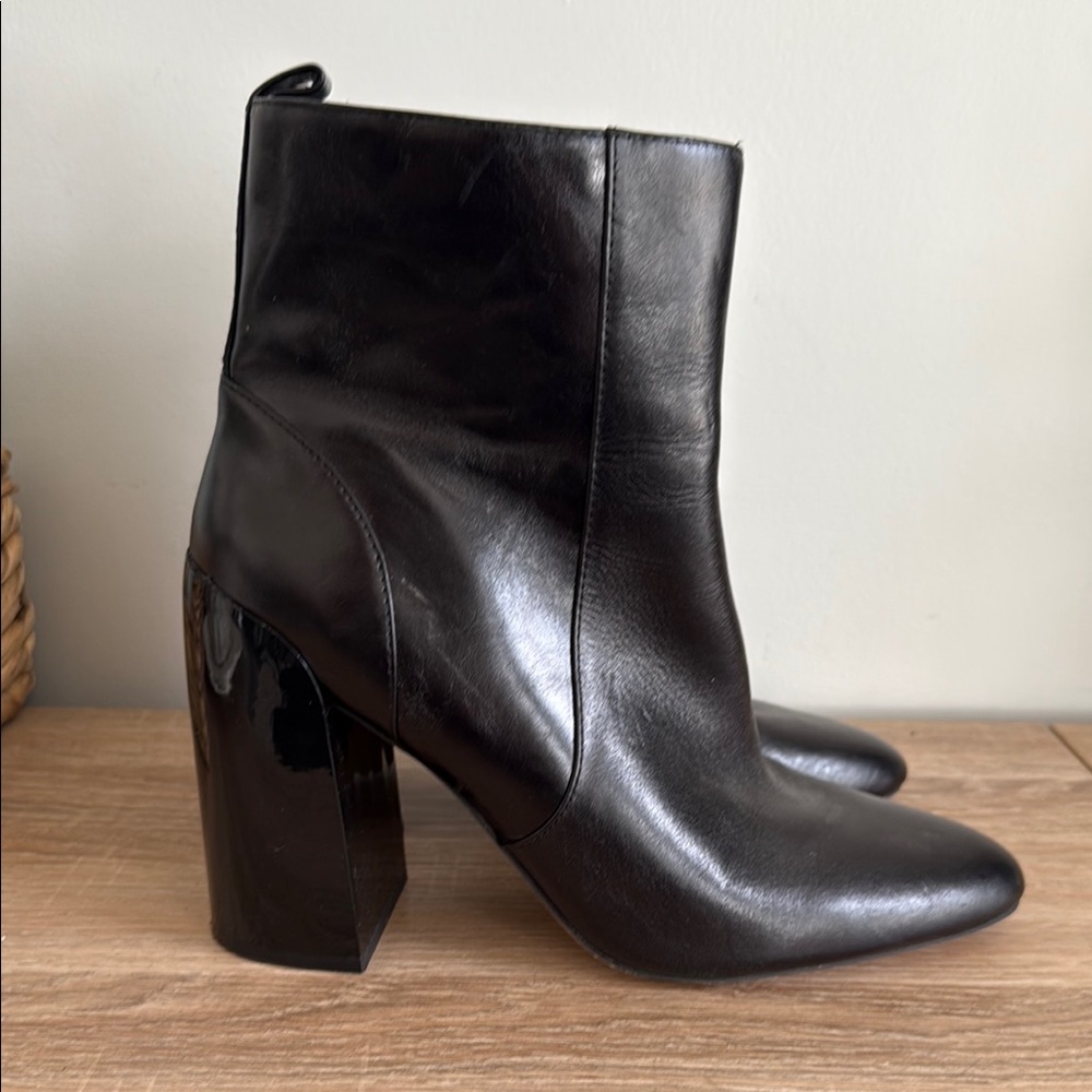 Vincent Camuto Patent Block Heel Black Leather Ankle Boots